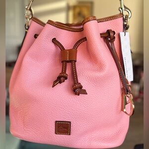 Dooney and Bourke Pale Pink Pebbled Leather Drawstring Bucket Bag